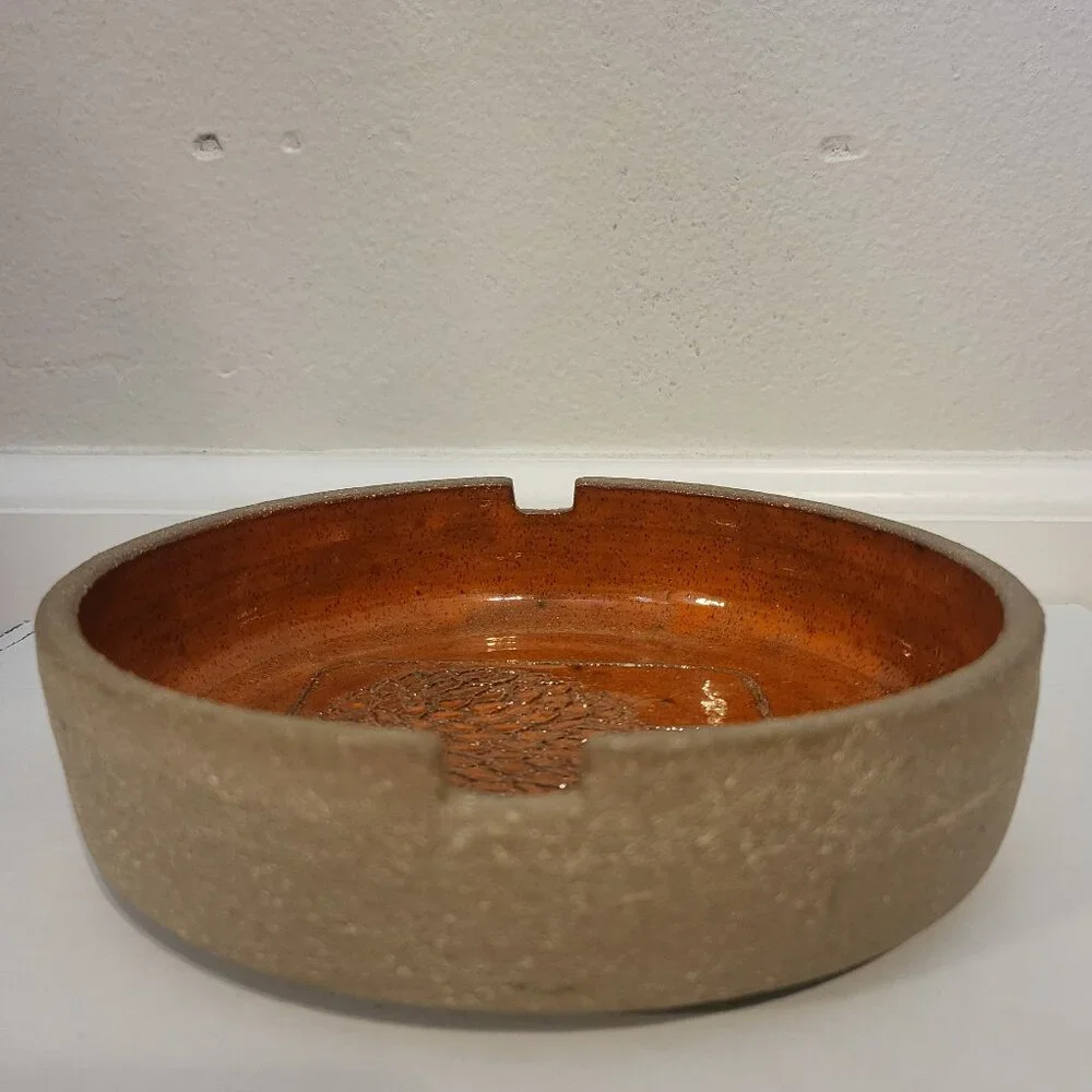 Vintage MCM Stoneware Orange Ceramic Round Ashtray Art Pottery Tree Design 6.5